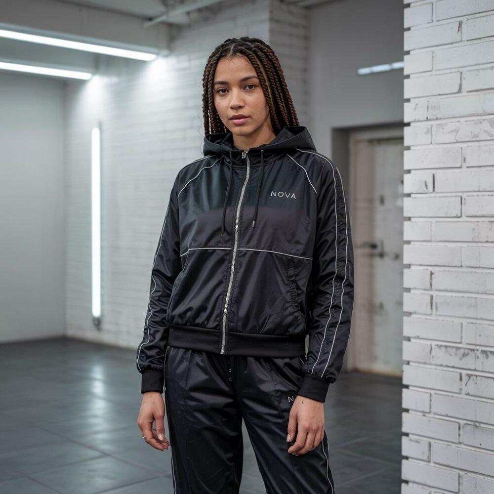 czarne spodnie sportowe i sneakersy