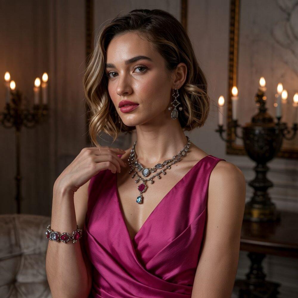 srebrna biżuteria do fuksjowej sukienki