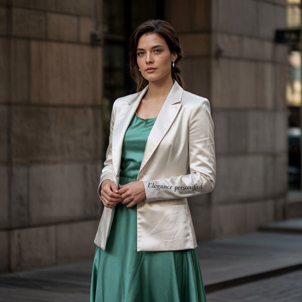 stylizacja z długą sukienką i żakietem